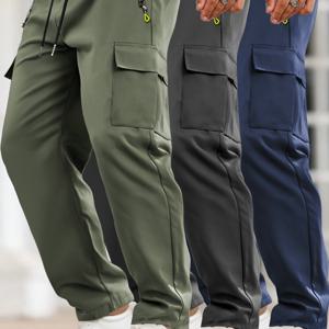 TEMU 1개 남성용 솔리드 컬러 지퍼 카고 팬츠 - 헤비듀티 풀 지퍼 클로저, 멀티포켓 스타일 바지, 드로스트링 허리 & 지퍼 포켓 - 통기성 캐주얼 팬츠, 아웃도어, 캐주얼 복장 - 네이비, 블랙, 그레이 색상 - 여름 활동 및 정장 이벤트에 이상적