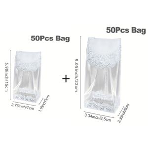 TEMU 50/100개 쿠키 봉투, 레이스 테두리 투명 베이킹 식품 봉투 - 플라스틱 셀로판 봉투 - 웨딩, 브라이덜 파티, 생일 파티 장식용 - 사탕, 쿠키 & 선물 포장 - DIY 프로젝트 & 할로윈 크리스마스 축하용, 크리스마스 선물 봉투