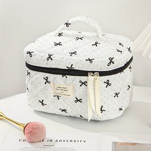 TEMU 1개 대용량 화이트 & 블랙 퀼트 메이크업 파우치 (리본 & 도트 패턴) - 여성용 정리함, 웨딩 브라이즈메이드/엄마 선물, 우아한 핸드백 스타일 화장품 케이스, 내구성 좋은 베이지 친화적 디자인 (지퍼 없음)