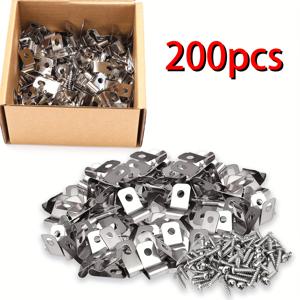 TEMU 200개 강력한 금속 사료 클립, 1.4cm 스크루로 금속 울타리를 나무 막대에 안전하게 고정, 동물 안전 울타리 액세서리, 울타리용 견고한 금속 클립, 사료 용품 | 세련된 금속 클립 | 견고한 구조