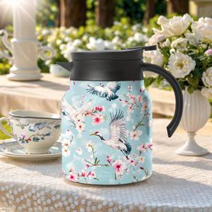 TEMU 33oz/1L 더블월 진공 단열 보온병 & 커피 머그 - 우아한 크레인 플로럴 디자인, 누수 방지 스테인리스 스틸 보온병, 뜨거운/차가운 음료용, 사무실 및 여행용, 홈 파티 선물 추천, 전통 감성 보온컵, 차 애호가를 위한 필수 아이템