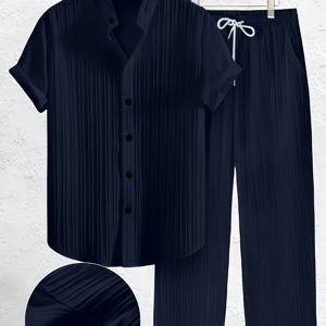 TEMU 남성용 캐주얼 슈트, 심플하고 유니폼한 반팔 라운드 넥 셔츠와 신축성 있는 허리 바지, 질감 있는 원단, 봄과 여름에 적합, 땀 방지, 단색, 크루 넥, 레귤러 핏, 포켓 포함, 러닝, 하이킹, 트레이닝, 해변, 주말 캐주얼, 성숙한 행사, 스포츠 스타일, 비신축성 원단, 캐주얼 의상|캐주얼 스타일|포켓 셔츠