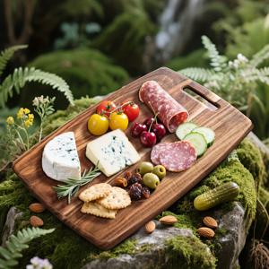 TEMU MUROOT 나무 절단판, 접시 선반 포함 - 14.2x9.4 인치 다기능 주방 절단판, 치즈, 고기, 빵, 야채 및 과일에 적합 - 식품 안전 및 내구성, 가정 및 기숙사, 요리 필수품, 우아한 디자인, 자연적인 곡물 텍스처