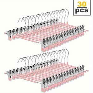 TEMU 30개 핑크색 12인치 조절 가능한 옷걸이, 바지·스커트·청바지용 - 공간 절약형 금속 행거, 광택 처리된 표면 및 내구성 플라스틱 클립, 안전한 걸기 | 현대적인 디자인의 튼튼한 옷걸이
