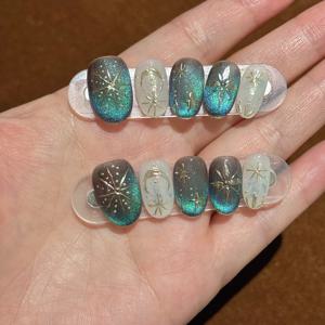 TEMU 10개 수제 짧은 타원형 프레스온 네일 - 아이스 리버 블루 캣아이 효과, 광택 마감, 별무늬, 일상 및 특별한 날에 완벽, 네일 아트 액세서리, 네일 아트 용품, 우아한 네일 디자인, 내구성 있는 네일 소재, 여성용 네일 프레스온, 인조 네일