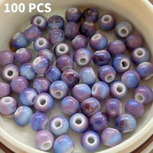 TEMU 100개 8mm 그라데이션 유약 도자기 원형 비즈 - 빈티지 퍼플 투 블루 옴브레 광택 비즈, DIY 주얼리 만들기, 팔찌, 목걸이, 발찌용 - 핸드메이드 공예 재료, 아트 비즈 디자인 키트