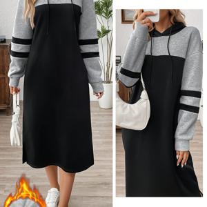TEMU 여성용 우아한 단색 후드 스웨트셔츠 드레스 - 두꺼운 따뜻한 롱라인 풀오버, 드로스트링 허리, 올 시즌 캐주얼부터 포멀한 의상, 세탁기 사용 가능, 직장, 사무실 및 휴일 착용, 오피스룩, 편안한 착용감, 다용도 의류