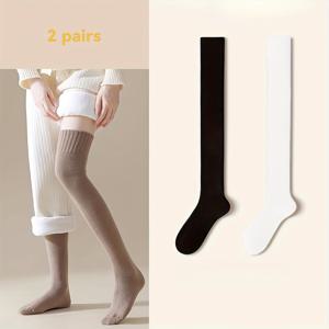 TEMU 2 쌍 여성용 보온 플러시 오버 더 키니 스타킹 - 플리스 안감, 부드러운 원단, 단색(갈색/흰색/회색/검정색)으로 캐주얼 및 정장 의상, 여행, 야외, 가을 및 겨울 추운 날씨, 겨울 스타킹, 야외 장비, 플러시 질감