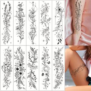 TEMU 여성용 10개 플로럴 임시 타투 스티커, 블랙 스케치 라인 꽃 달 별 패턴, 허벅지 복부 허리 원형 패션 아트 데칼