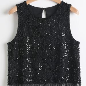 TEMU 여성용 우아한 파티 탑 - 블랙 기하학적 시퀸 민소매 셔츠, 플레어드 헴 & 텍스처 장식 디자인, 핸드워시 가능 루즈핏 H라인, 여름 저녁복/캐주얼 착용, 세련된 디테일, 스타일리쉬 블라우스, 특별한 행사용, 반짝이는 소재, 패션러브 여성용