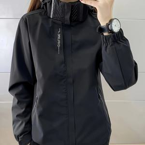 TEMU 2025년 신상 여성용 아웃도어 자켓 | 탈착식 후드, 멀티 지퍼 포켓, 조절 가능한 커프스, 솔리드 블랙, 디자인, 세련된 외관, 가을 아우터웨어, 내구성 있는 원단, 가을 옷장