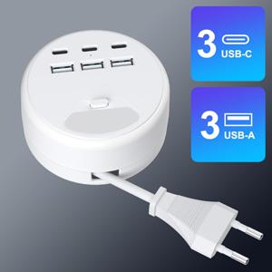 TEMU 새로운 멀티 기능 전원 플러그/USB 충전기 및 연장 케이블, 6개 USB 포트 (3개 USB-A + 3개 TYPE-C) 포함, 야간 조명 모드 지원. 1.2미터 길이의 전원 확장 코드 제공, 가정, 사무실, 주방, 차고 및 실외 사용에 적합