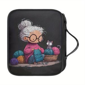 TEMU 귀여운 할머니 & 고양이 크로셰 훅 정리함 - 지퍼형 뜨개질 가방, 휴대용 휴대가 편리한 크로셰/뜨개질 용품 케이스 (블랙), 뜨개질 애호가를 위한 완벽한 선물