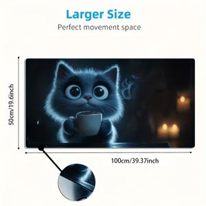 TEMU 1개 대형 게이밍 마우스 패드 - 미끄럼 방지 세탁 가능 표면, 커피를 든 귀여운 고양이 눈매 디자인, PC용 초장대 데스크 매트, 오펜스틱 장식에 이상적인 게이머 선물 (블루 & 다크 배경)|장패드