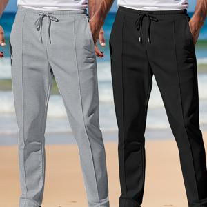 TEMU 남성용 와플 니트 조깅 2개 - 신축성 있는 허리 드로스트링 스웨트팬츠, 통기성 있는 가벼운 캐주얼 팬츠, 회색 및 해군색, 해변, 달리기, 야외 및 일상 착용용, 조깅 팬츠, 해변복 필수품, 단색 디자인, 편안한 핏|비치웨어