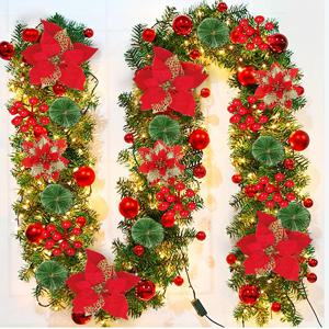 TEMU 270cm 대형 인조 크리스마스 화환 (빨간색 산딸기 꽃 & 녹색 식물) - 자체 조명 - 전원 공급 (AA 배터리 미포함) - 내구성 좋은 플라스틱 , 가정, 사무실, 파티 장식 - 간편한 걸이형 문 장식, 현관문용 크리스마스 화환