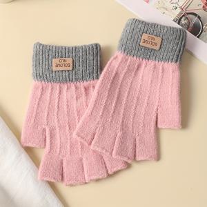 TEMU 엘리스 하프핑거 보온 장갑 - 겨울용 터치스크린 호환 자전거 & 아웃도어 장갑, 탄력 있는 손목 스트랩, 멀티 컬러 옵션 (핑크/베이지/다크 그레이/네이비) - 캐주얼 & 스포츠용 손가락 보수