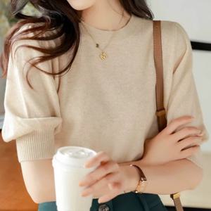 TEMU 여성용 연한 파란색 리브드 반팔 크롭탑 - 캐주얼 라운드 넥 풀오버, 부드럽고 편안한 봄/가을용, 캐주얼 의상에 완벽한, 퍼프 소매 탑 | 건축