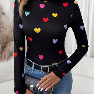 TEMU 여성용 우아한 롱슬리브 하트 프린트 튜닉탑 - 멀티컬러 하트 패턴 (핑크/레드/블루/퍼플/옐로우/화이트/블랙) - 봄/가을 레이어링 셔츠, 세탁기 사용 가능한 캐주얼에서 포멀까지 스타일의 시크한 고목과 편안한 핏, 생동감 있는 하트 디자인으로 캐주얼룩에 적합, 봄과 가을철에 완벽한 스타일리시하고 편안한 여성 패션 상의