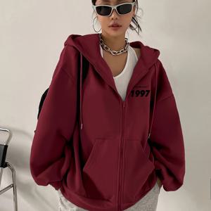 TEMU 여성용 오버사이즈 풀지퍼 후드집업 - 90년대 레트로 스타일, 부르고뉴/블랙 컬러옵션, 캐주얼 & 포멀룩에 어울리는 기계세탁 가능한 아우터웨어, 루즈핏 겨울코트
