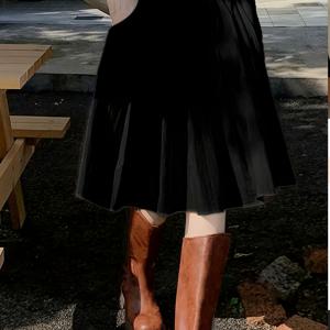 TEMU 여성용 우아한 하이웨이스트 A라인 스커트, 스모크 웨이스트 & 스모크 클로저 - 중간 길이 플로우리 페탈 헴, 주름 방지 부드러운 원단, 봄 여름 가을 캐주얼~세미포멀룩 (기계 세탁 가능, 단색) - 매력적인 핏