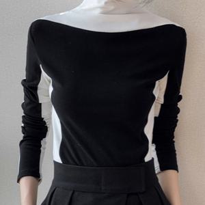 TEMU 여성용 하이넥 컬러블록 긴팔 베이스레이어 셔츠, 가을 겨울 신상 바디콘 티셔츠|티셔츠