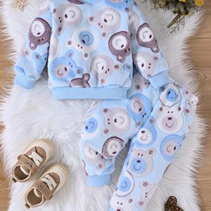 TEMU 베이비 보이즈 겨울 의상 - 귀여운 곰 프린트가 있는 부드러운 플러시 긴팔 셔츠 & 팬츠 세트, 따뜻한 논스트레치 원단, 리브 커프스 & 라운드 넥, 유아용 가을/겨울 옷, 아기 남아 의류, 편안한 아동복, 야외 활동용