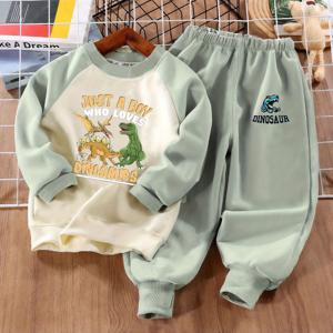 TEMU 소년 봄/가을 세트, 공룡 프린트 라운드넥 긴팔 스웨트셔츠 아웃핏, 2025 신상 스타일 중대형 사이즈 스포츠 풀오버 & 팬츠 투피스 세트, 스타일리시한 긴바지, 봄과 가을 시즌에 적합한 패치워크 롱슬리브 투피스, 외출 및 놀이용 완벽