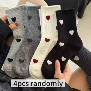 TEMU 여성용 미드컬프 양말 4켤레, 다크 컬러 시리즈 한국 스타일 귀여운 하트 패턴 고품질 다용도 발목 양말, 여성용 양말,발열 양말,할로윈 양말 여성용,크리스마스 양말,여성용 발열 양말,할로윈 양말