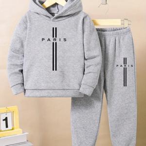 TEMU 남아용 트렌디 레터 프린트 스웨트셔츠와 조거 세트, 남아 가을/겨울 패션 후드 아우터, 따뜻하고 편안한 캐주얼 파리 프린트 긴팔 풀오버 + 실내외용 스포츠 팬츠, 야외 활동에 완벽