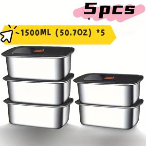 TEMU 스테인리스 도시락통 5개 세트 - 뚜껑 포함, 직사각형 식품 보관 용기 (1500ml) | 남은 음식, 고기 양념, 과일 도시락에 적합 | 재사용 가능, 식기세척기 및 냉동고 안전 | 소풍 및 일상 사용에 이상적, 스태커블 디자인,고품질 금속,누수 방지 상자,식사 준비자,야외 식사