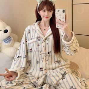 TEMU 카툰 강아지 프린트 여성 파자마 세트 겨울 귀여운 캐주얼 스위트 Y2K 잠옷 부드러운 보온 라운지웨어 투피스 세트 라펠 가디건 긴팔 상의와 팬츠 가을 의류 따뜻한 홈웨어