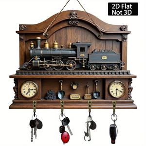 TEMU 2D 플랫 레트로 기차와 선로 패턴 장식 벽시계, 네 개의 금속 후크 포함, 현관, 방, 빌라에 적합, 11.81인치 x 9.06인치 다기능 홈 데코 DIY 나무 키 홀더, 2D 플랫