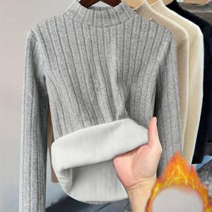 TEMU 여성용 하이넥 티셔츠 - 겨울용 따뜻한 솔리드 컬러 캐주얼 블라우스, 중간 신축성 기계 세탁 가능한 레이어링용 탑, 가을 & 겨울 워드로브 필수품 (비-) - 재판매용 브랜드 가능|반팔블라우스