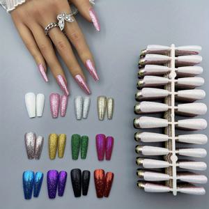 TEMU 혼합 12 가지 색상 손톱 팁, 손톱에 반짝이는 반짝이 프레스, 여성용 광택 긴 관 모양 손톱 소녀 일일 파티 착용