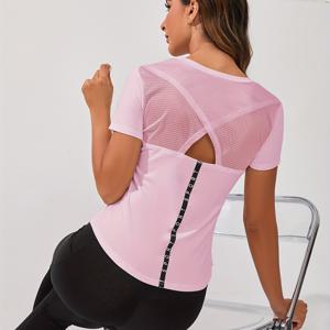 TEMU 중공 통기성 메쉬 스티치 레터 테이프 캐주얼 스포츠 티셔츠, 여름 러닝 피트니스 반팔 탑, 여성용 액티브웨어