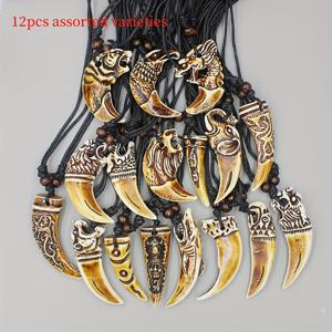 TEMU 12개/롯 혼합 쿨 모조 뼈 조각 용 토템 상어/늑대 이빨 펜던트 목걸이 코끼리 부적 도매