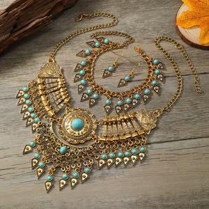 TEMU 1 쌍의 귀걸이 + 1 팔찌 + 1 목걸이 트라이벌 보석 세트 레트로 디자인 다양한 색상으로 일상 의상 파티 액세서리와 어울립니다