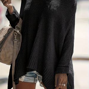 TEMU 플러스 사이즈 캐주얼 스웨터, 여성용 플러스 솔리드 긴 소매 콜드 원 숄더 스플릿 루즈 풀오버 점퍼