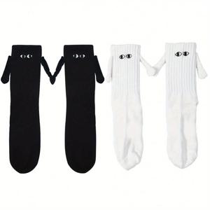 TEMU 2팩 귀여운 커플 양말 - 손잡이 디자인, 흰색 발목양말 & 검은 눈, 부드러운 폴리에스터 올시즌 선물용, 발렌타인데이 및 기념일 커플용 매칭 양말