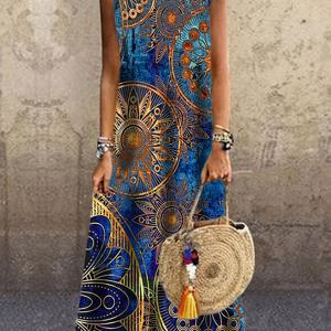 TEMU 여성용 슬리브리스 파이즐 프린트 맥시 드레스 - 캐주얼 라운드 넥, 화려한 레드 & 골든 디자인, 가벼운 폴리에스테르로 봄/여름/가을, 야외 패션 | 파이즐 패턴 드레스 | 광택 있는 질감