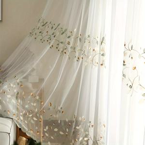 TEMU 1개 우아한 미국 컨트리 스타일 자수 꽃무늬 시스루 커튼 - 반투명 폴리에스터, 세탁기 사용 가능, 침실 및 거실 장식용 로드 포켓 걸이, 프라이버시 시스루 커튼|우아한 창문 처리|폴리에스터 원단
