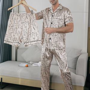 TEMU 남성용 여름 잠옷 세트, 짧은 소매, 반바지, 긴 바지, 얇은 소재, 문자 프린트 디자인, 카디건 포함.