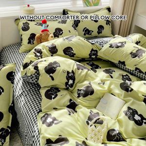 TEMU 4개 귀여운 검은 고양이 침구 세트 - 95g 두꺼운 원단, 부드럽고 가벼운 베이지색 친화적, 고양이 디자인의 격자 무늬 패턴, 이불 커버, 평면 시트 & 베갯잇 2개 포함, 세탁기 사용 가능, 사계절 사용, 속통 미포함, 고양이 방 장식