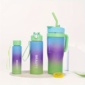 TEMU 3단 아이스 텀블러, 그라데이션 컬러 냉동 빨대, 이중 음용 플라스틱 물컵, 300ml/800ml/1200ml (10oz/27oz/40oz), 대용량 자동차 손잡이 자동차 컵