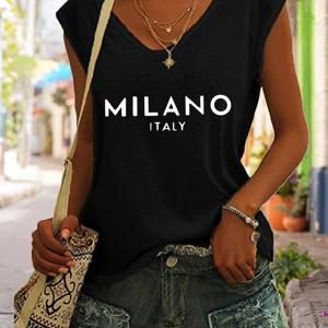 TEMU 플러스 사이즈, 밀라노 이탈리아 레터 프린트 베스트 티셔츠 봄 여름 캐주얼 민소매 여성 의류