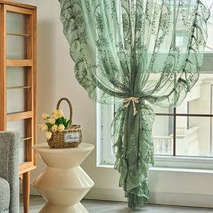 TEMU 주름 장식이 있는 꽃 자수 커튼 패널 - 100% 폴리에스터, 기계 세척 가능, 반투명, 거실 창문에 적합