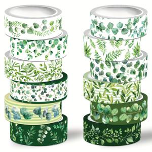 TEMU 와시 테이프 세트, 12롤 녹색 잎 장식 테이프 봄 식물 열대 녹지 마스킹 테이프, 저널링 용품, 정크 저널, 스크랩북킹, DIY 예술 & 공예, 플래너, 선물 포장용