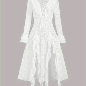 TEMU 아름다운 V넥 비대칭 러플 헴 드레스, 투명한 긴 소매, 폴리에스터 95% 스판덱스 5% 니트 재질, 봄/가을 단색 A라인 미디 드레스 세트