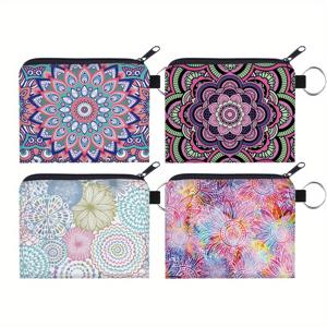 TEMU 여성용 4피스 세트 코인 파우치와 3D 만다라 타이다이 패턴 소형 화장품 가방, 귀여운 패션 지갑 메이크업 파우치 휴대용 여행용 화장품 수납백